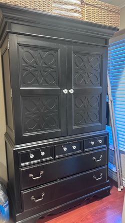 Black Wood Armoire with Drawers and adjustable shelf