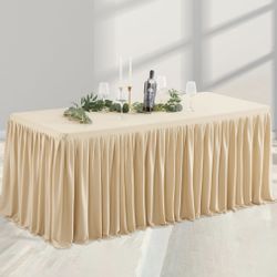 Champagne Polyester Table Skirt For Rectangle Tables 6ft, Wrinkle Free Pleated Ruffle Fitted Table Cover 6ft Stretch Tablecloths With Skirt For Partie