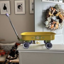 Mini yellow and purple metal wagon for decor or dolls