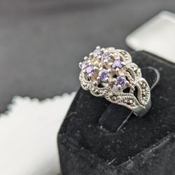 CLUSTER of Lavender CZ & Marcasite Sterling Silver 925 SIZE 8 