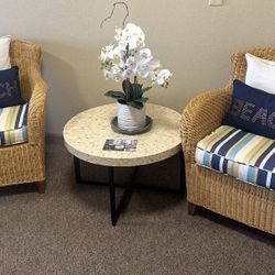 Pair Of Wicker Chairs With A Beautiful Shell Table 