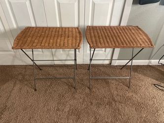 Set of 2 Vintage Wicker & Iron Folding Side Tables