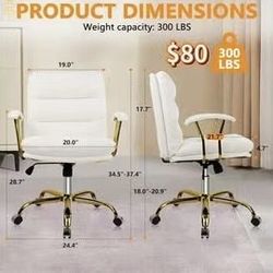 😀 Ergonomic Office Desk Chair with Wheels and Arms, Faux Leather Computer Chair for Home Bedroom Office, White Chair Gold Caster Capacity up to 300lb