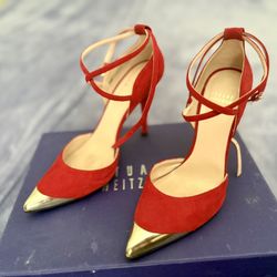 Stuart Weitzman red suede heels with criss cross ankle straps