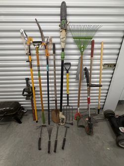 Clearing out a storage unit and selling a large collection of yard and garden tools.