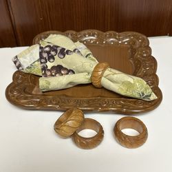 Vintage Hand carved wooden napkins rings S/4