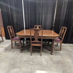 Carved Wood Dining Set with Four Embroidered Chairs