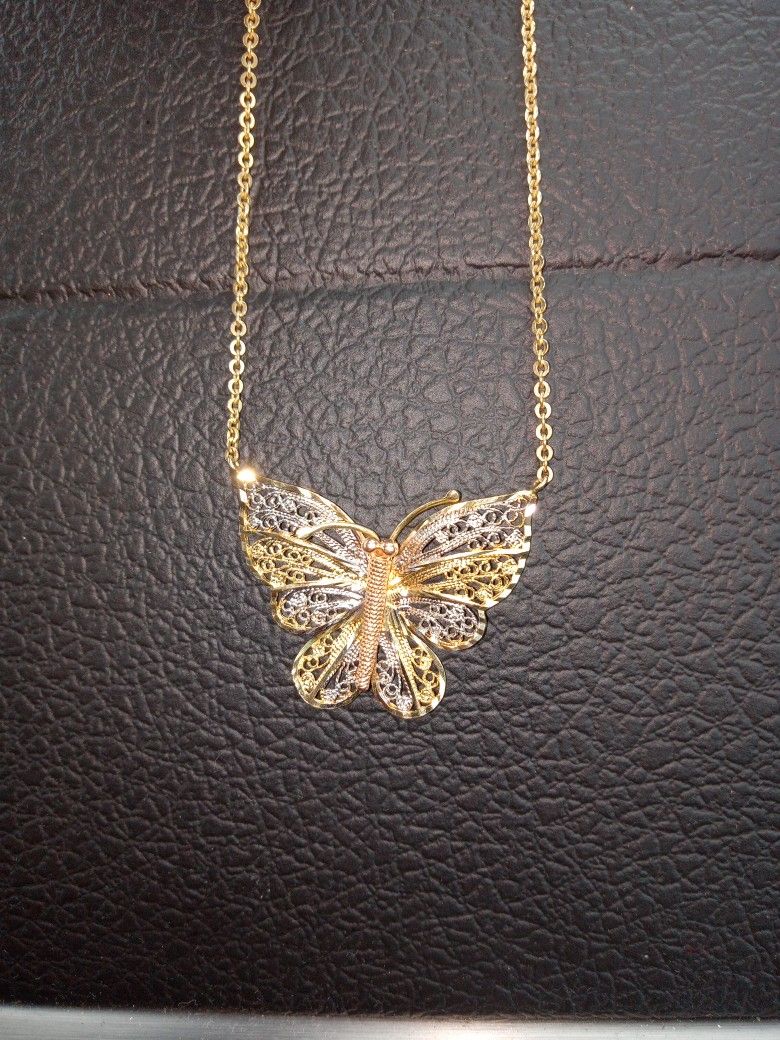 Women's Tri-Tone Butterfly 10k Yellow Rose White Gold Pendant Necklace