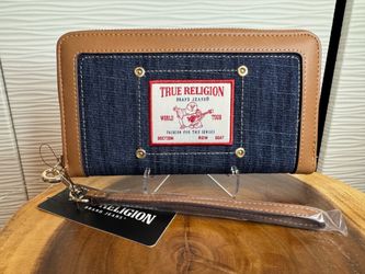 True Religion Women's Brown/Blue Zip-Around Wallet with Logo, Zipper, Card Slots