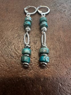 Amazonite Bead Dangle Earrings - Silver Tone