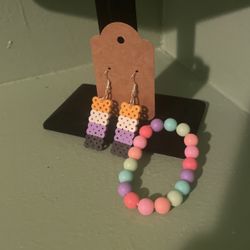 Hand Mand 8”Rainbow Bracelet And Non-binary Earrings 