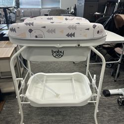 BABY JOY Baby Bathtub with Changing Table, Foldable Infant Diaper Changing Station with Storage Tray, Waterproof Pad, Portable Newborn Nursery Organiz