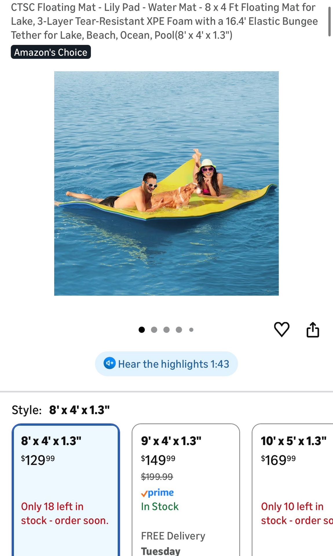 Floating Mat Lily Pad Water Mat 8 x 4 Ft Floating Mat for Lake, 3 Layer Tear Resistant XPE Foam with a 16.4' Elastic Bungee Tether