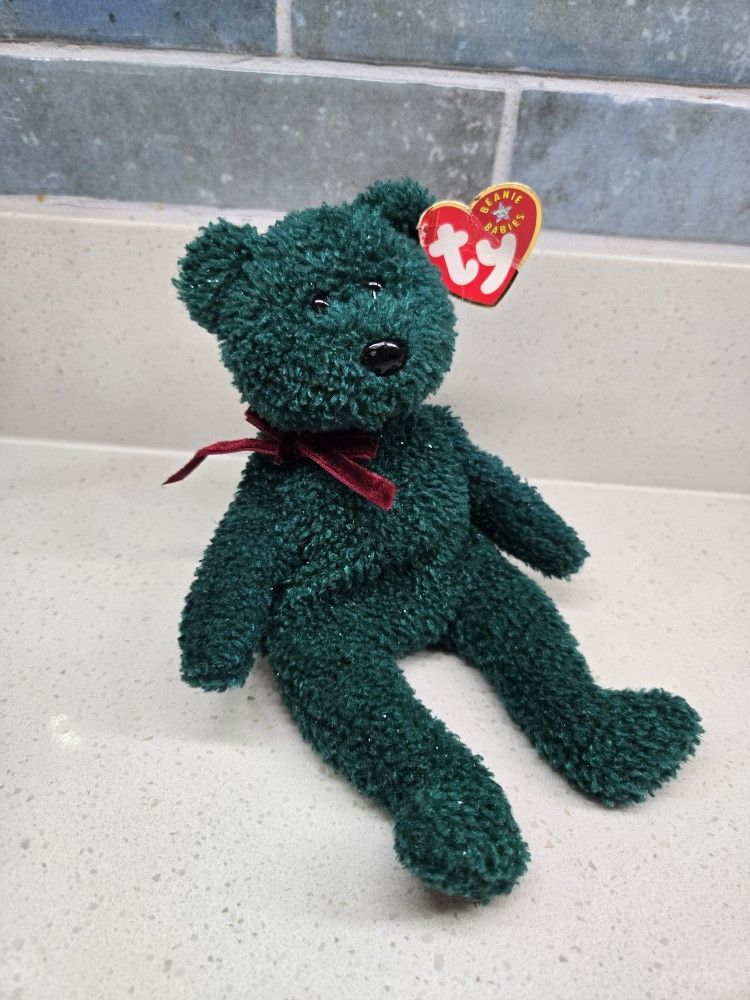 2001 Holiday Teddy Retired Ty Beanie Babie Green Christmas Bear Plush Toy