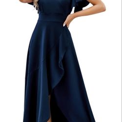Long Navy BLUE Formal Dresses for Women Gowns Evening Party Cocktail Dress,Split Elegant V Neck Wrap Ruffle Wedding Guest Dresses