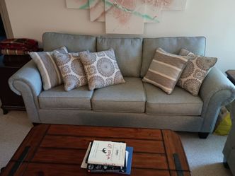 Gray Blue Fabric Three-Seat Sofa. Loveseat and matching chair with Throw Pillows included