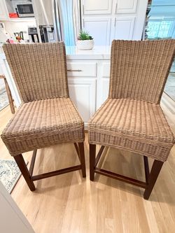 Rattan and wood counter height chairs/bar stools - set of 2