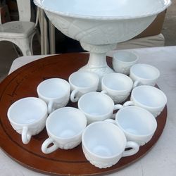 Vintage Milk Glass Punch Bowl Set