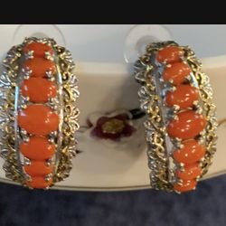 Genuine Coral Earrings. Like New Condition.  952 Sterling Silver With 14k Gold Trim. 