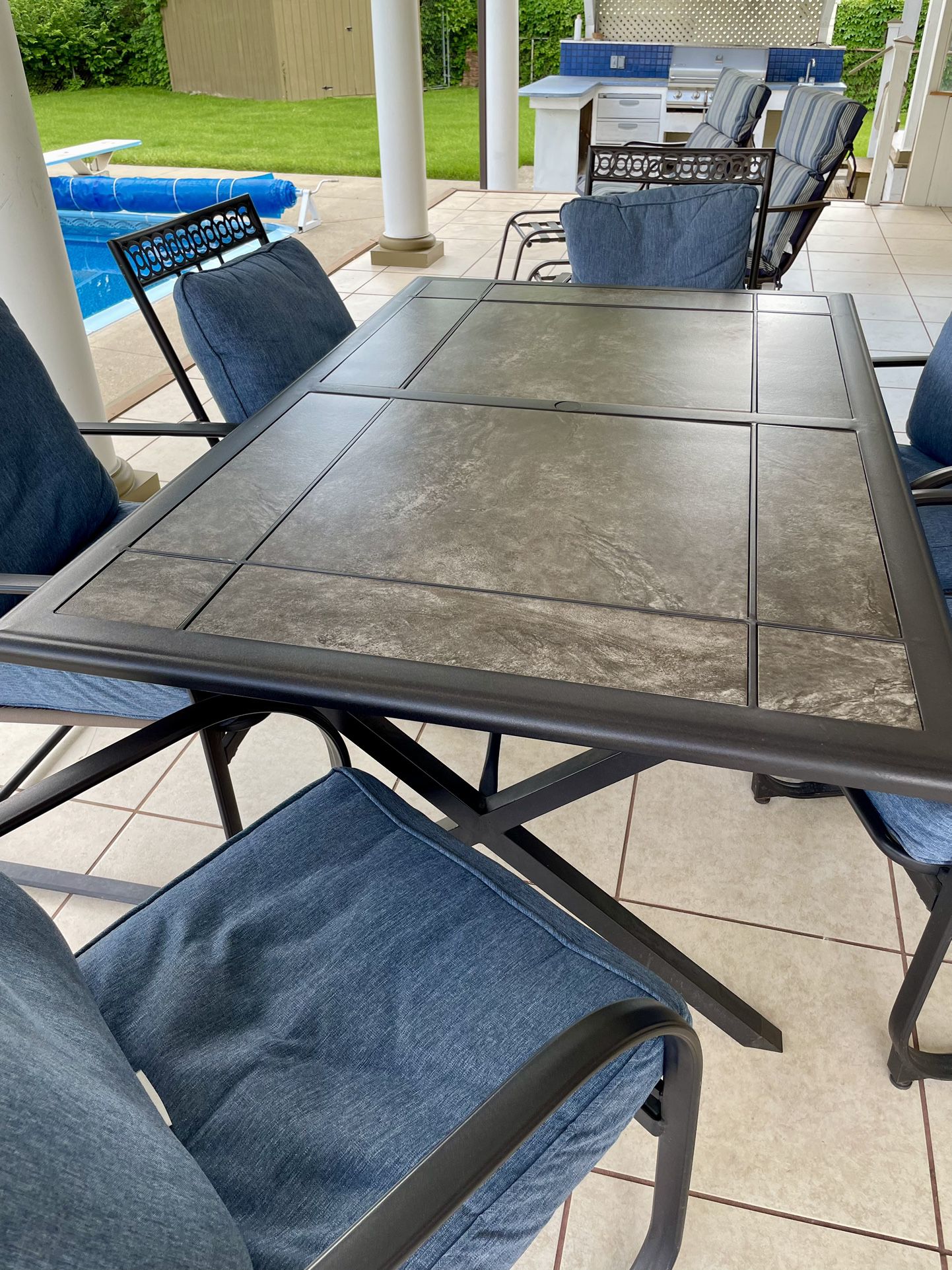 Outdoor Table With 6 Denim Cushioned Chairs 