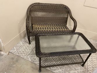 Outdoor Rattan Patio Loveseat with Glass Top Coffee Table