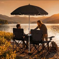 Portable Folding Picnic Chair Set with Umbrella, 2- Person Outdoor Camping Chairs Cup Holders, Foldable Beach Chair Set for Patio, Camping, Backyard,