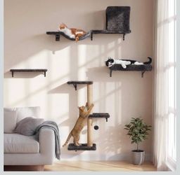 Cat Wall Shelves, 4 in 1 Set, Grey Stable & Safe Cat Walls Furniture, Wooden Kitten Climbing Wall with Scratching Post for 16 Inch Drywall