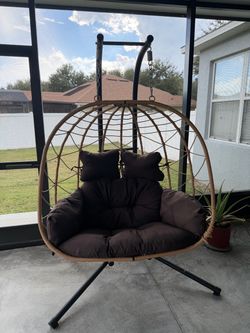 Double Hanging Egg Swing Chair with Stand & Cushions – Outdoor Patio Loveseat