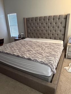 King Bed Frame with Tufted Wingback Headboard