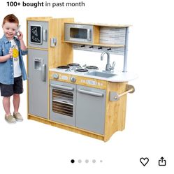 KidKraft Uptown Natural Wooden Play Kitchen with Play Phone, Chalkboard & Towel Rack, Gift for Ages 3+