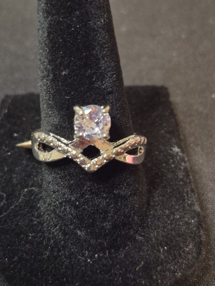 Rhinestone Silvertone Ring Sz 8 3/4