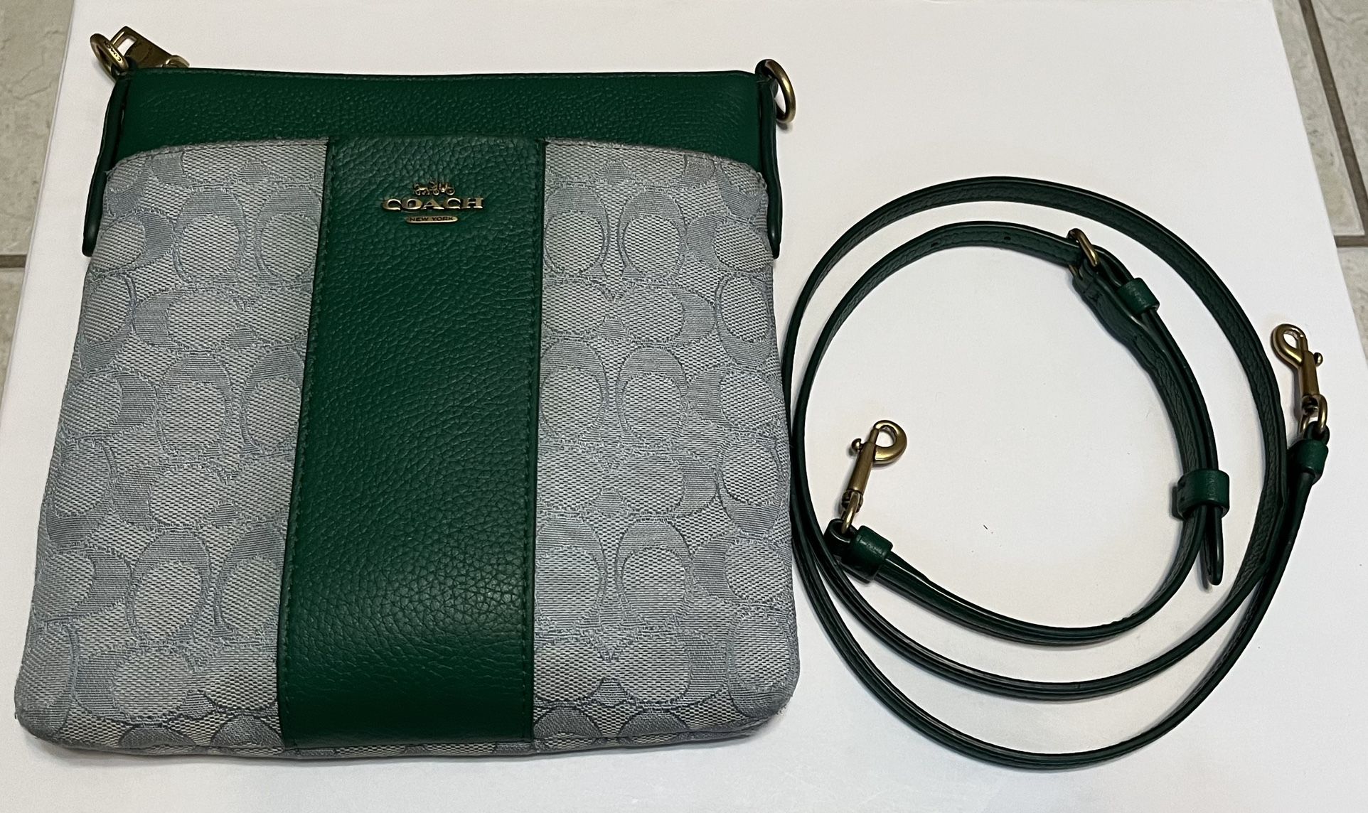 Coach Signature Jacquard Kitt Crossbody Green and Blue Embroidered with Bright Green Pebble Leather