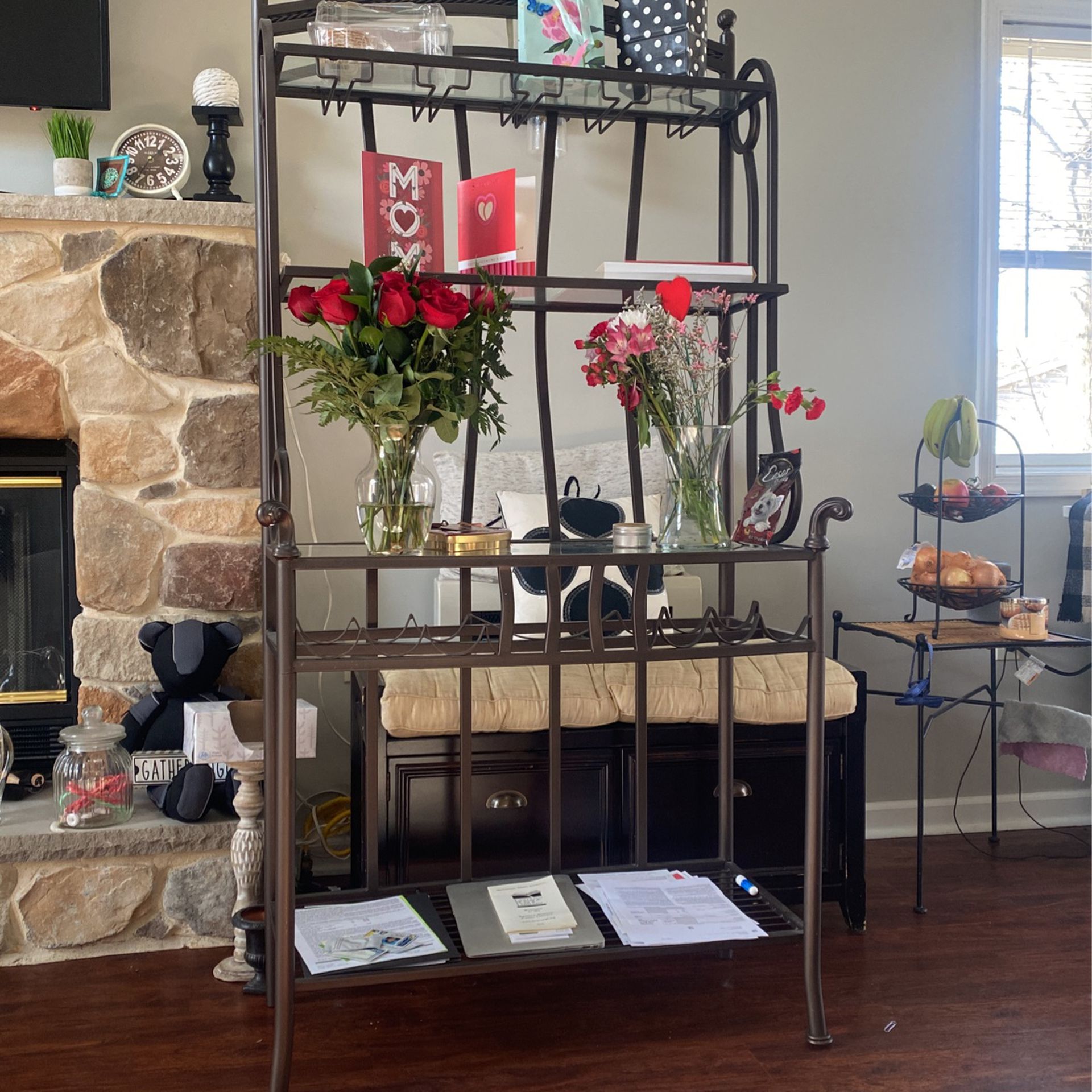 Gorgeous Glass Shelves And Iron Bakers Rack/coffee bar