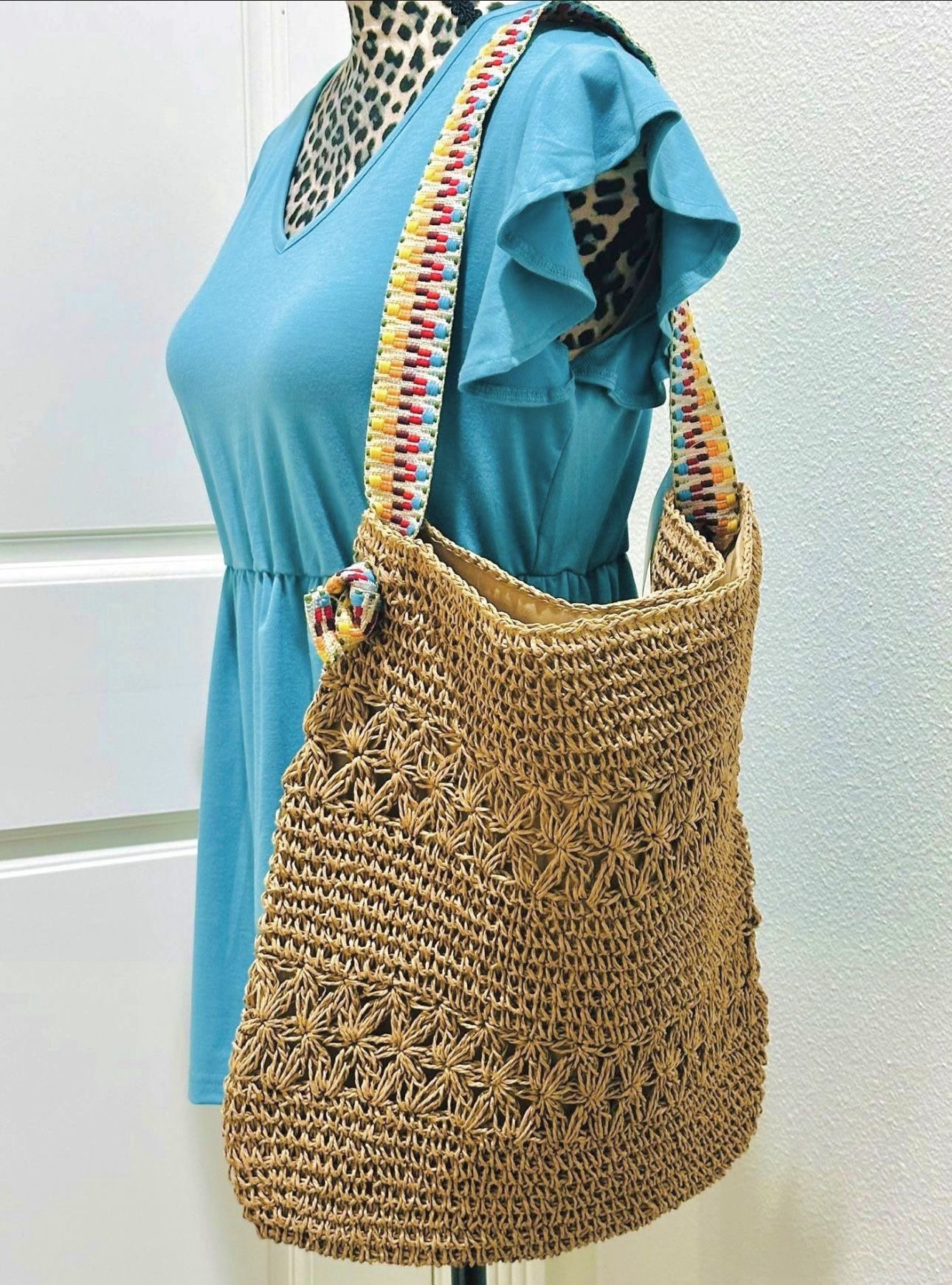 NEW with Tags Woven Boho Tote Bag [Khaki] And Turquoise Top Size Medium 