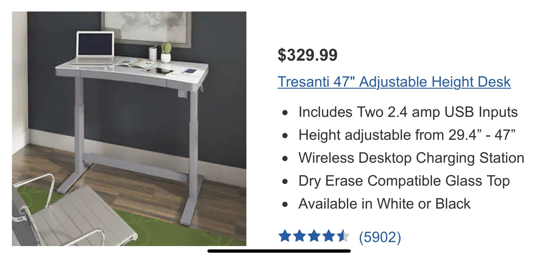 Tresanti 47” Adjustable Height Desk White Color