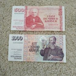 Icelandic Krona New Crisp Bills 1000 & 500