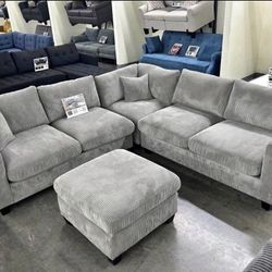 π Sofa Sectional With Ottoman, Gray Color, Corduroy Fabric, New in the Box.