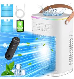Small Air Conditioner, 5400mAh Built-in Battery Evaporative Air Cooler, 2Ice Packs, 7H Timer Smart Auto-Off &Remote, 7Lights, 1200ML Water Tank, 2-Lev