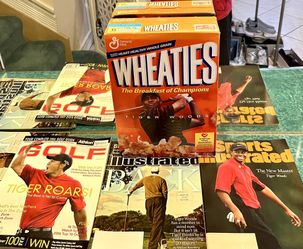 Sealed Tiger Woods Box Of Cereal Plus Vintage Magazines Featuring Tiger Woods