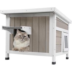 New Outdoor Cat House, Weatherproof Solid Wood Cat Shelter with Openable Roof for Small Animals