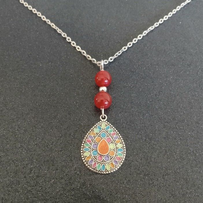Southwestern style colorful teardrop red agate beads pendant on silver necklace