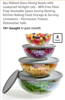 8pc Ribbed Glass Mixing Bowls with
Leakproof Airtight Lids - BPA-Free Meal
Prep Stackable Space Saving Nesting
Kitchen Baking Food Storage & Serving
C