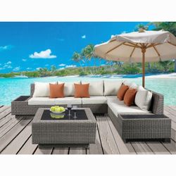 Brand New Beige & Grey Outdoor Patio Sectional w Coffee Table (Pillows Included)