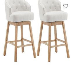 33.25" Swivel Counter Stools Set of 2, Upholstered Barstools with Solid Rubber Wood Frame, Backrest, Footrest for Kitchen Counter, Natural Beige
