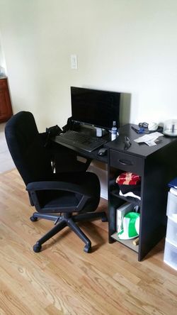 Computer table, chair and monitor