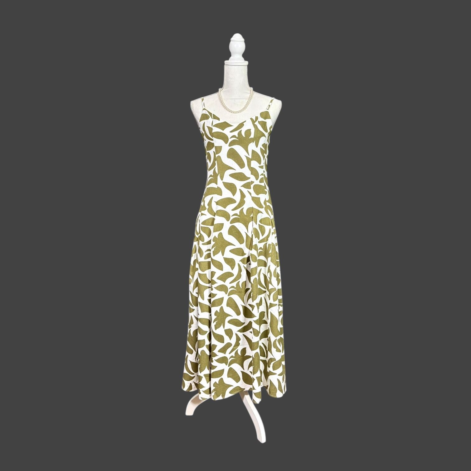 1 State Women’s White Green Pattern Linen Blend Maxi Zipper Back Dress Sz XS