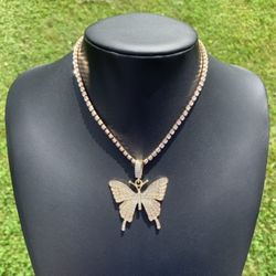 14k Gold Plated Iced Butterfly Pendant with Tennis Chain Necklace 4mm 18” Men’s Women’s Premium Men’s Women’s