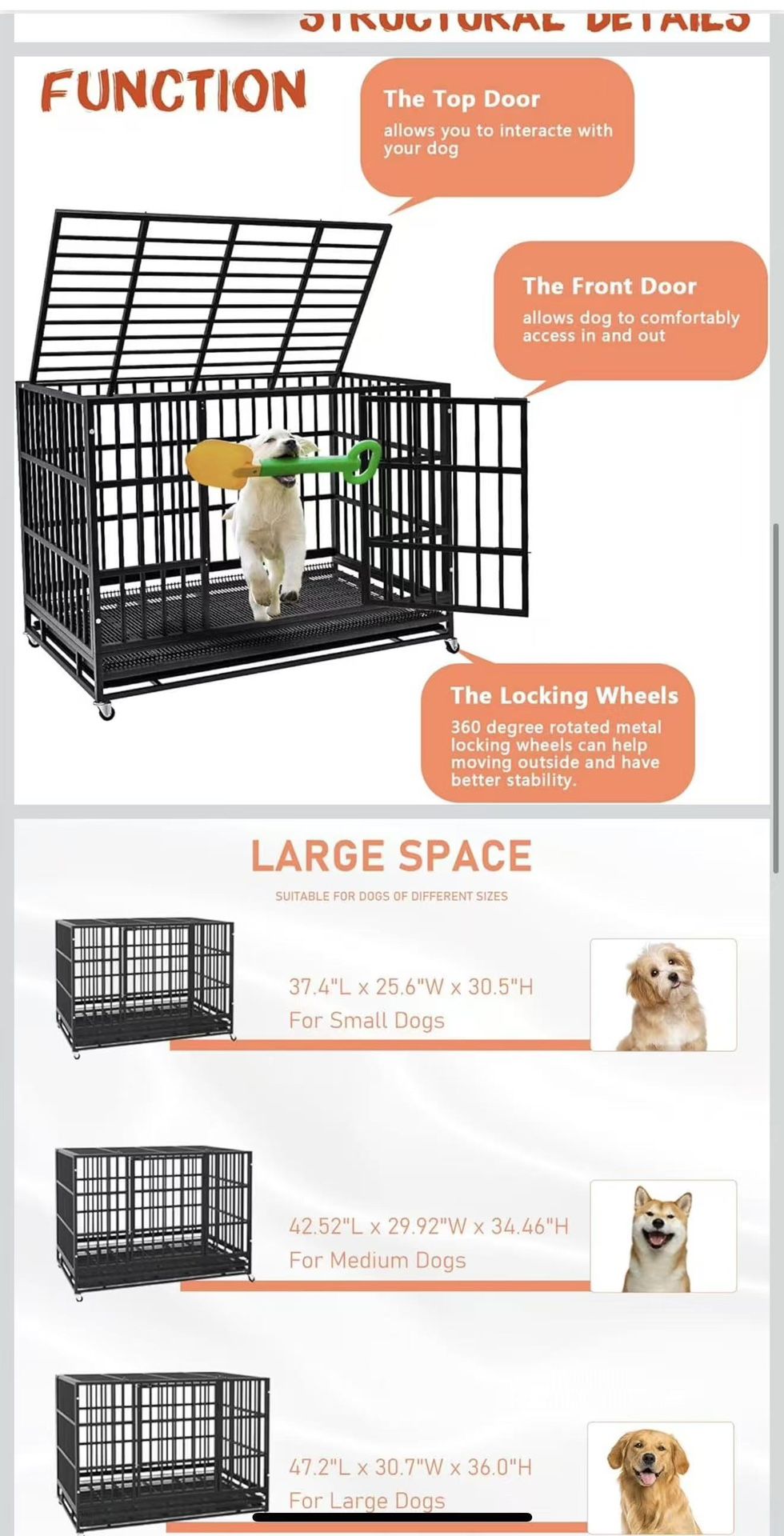 LEMBERI 48/38 inch Heavy Duty Indestructible Dog Crate, Escape Proof Dogs Cage Kennel with Lockable Wheels,High Anxiety Double Door Kennel,Extra Large