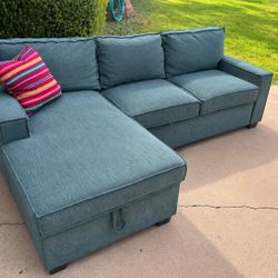 Teal Blue Sectional Pull-Out Sofa Couch With Chaise And