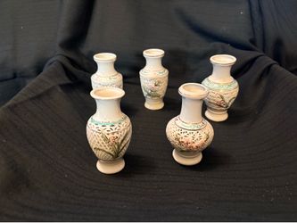 Set of 5 Miniature Reticulated Porcelain Bud Vases — Hand-Painted Floral | Asian Export
